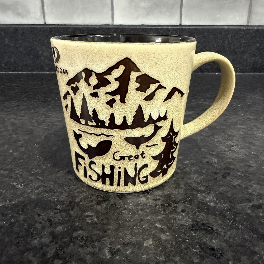 Mossy Oak Great Fishing Fish and Mountains Two Tone Large Coffee Mug Cup 16 Oz